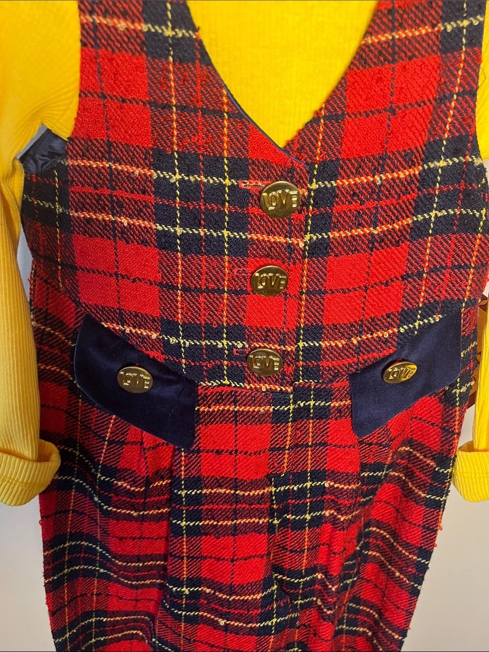 Kids Vintage Plaid Red & Navy Jumpsuit with Yellow Top And Matching Hat